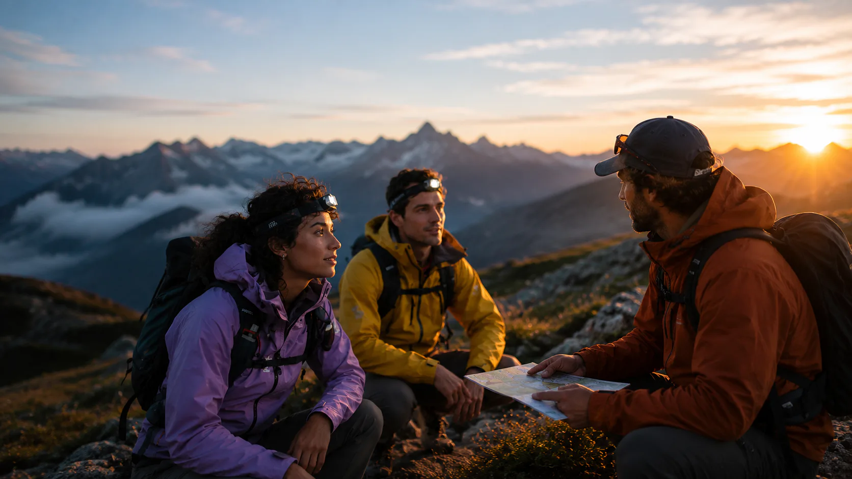 Randonneurs préparant leur itinéraire en montagne